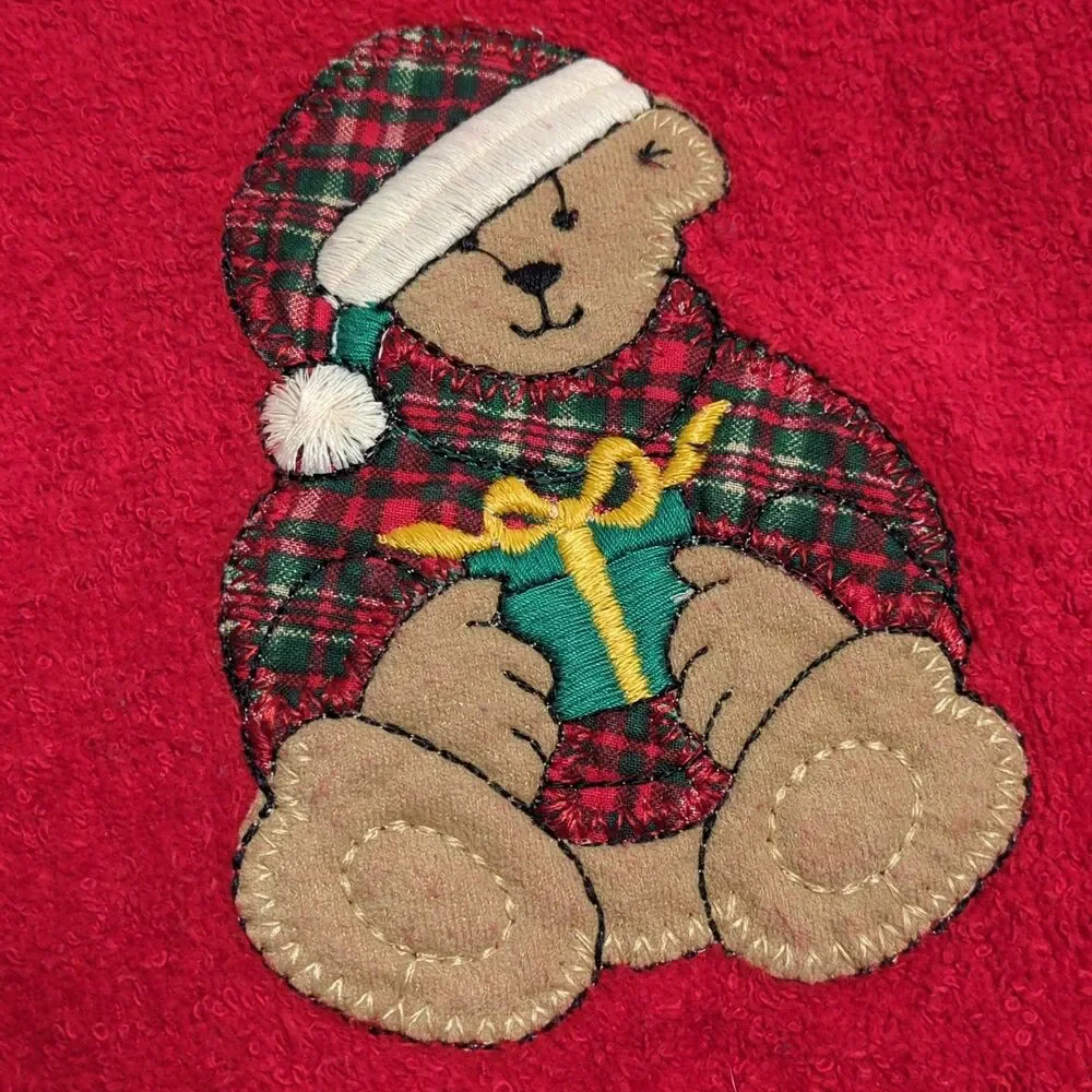 Vintage Cannon Christmas Teddy Bear Red Bath Towel Plaid 100% Cotton Made in USA